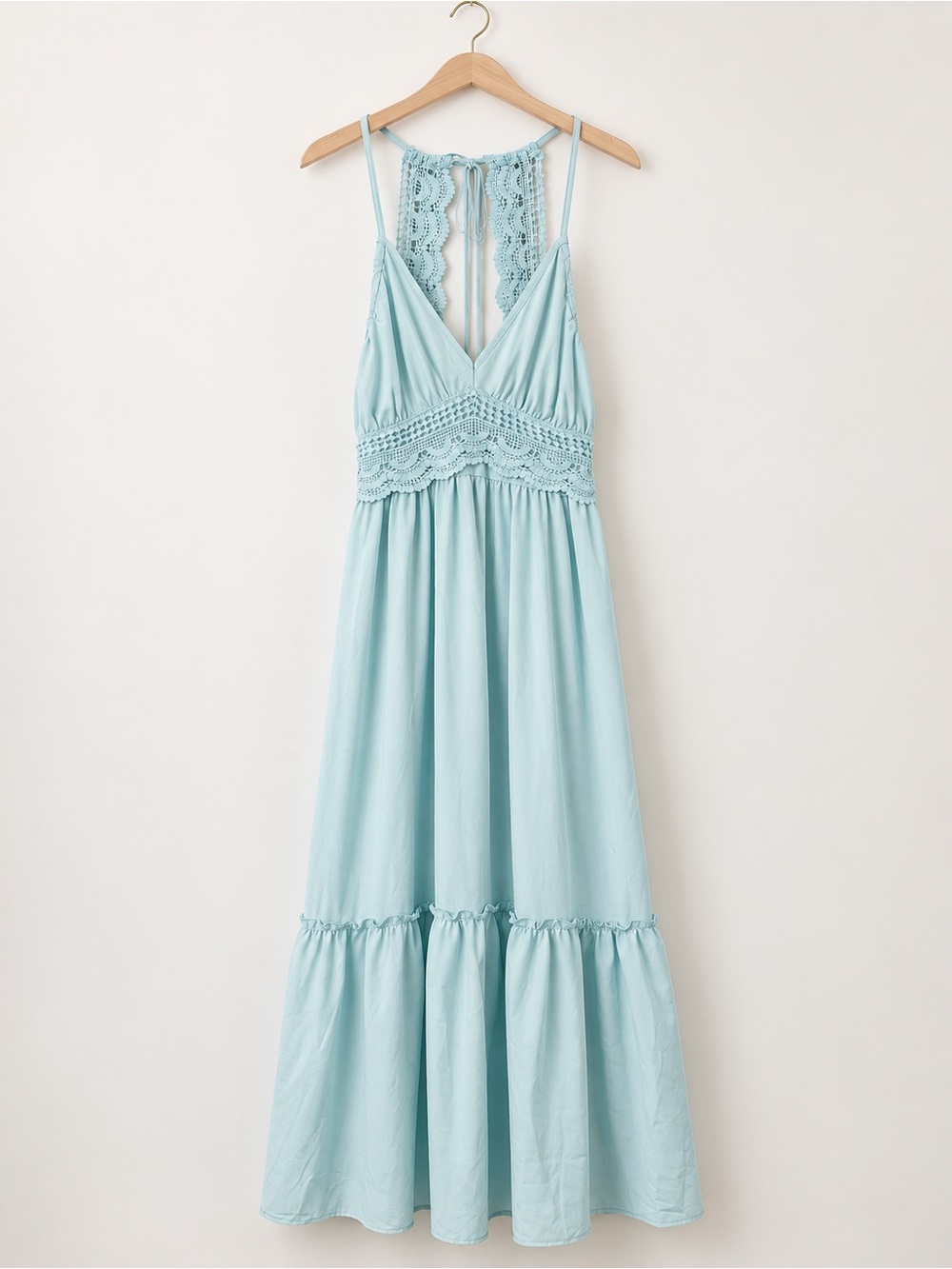 SHEIN Size L Pale Aqua Blue Crochet Open Back Boho Maxi Dress